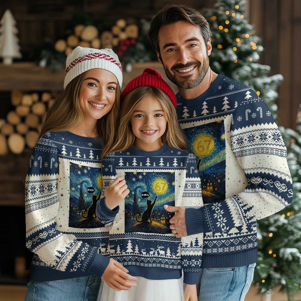 67 Cat Meme Ugly Christmas Sweater Funny Six Seven Cat Starry Night Van Gogh - Wonder Print Shop