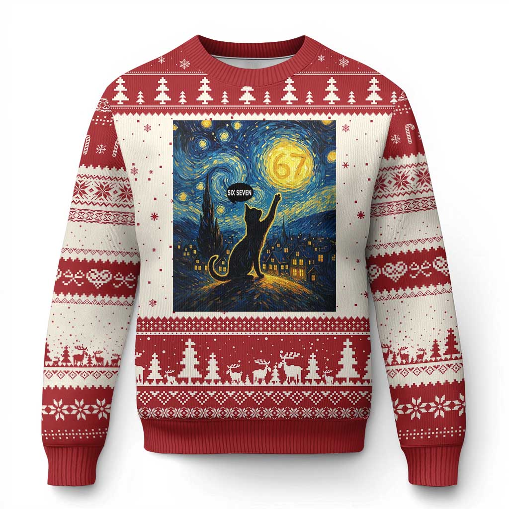 67 Cat Meme Ugly Christmas Sweater Funny Six Seven Cat Starry Night Van Gogh - Wonder Print Shop