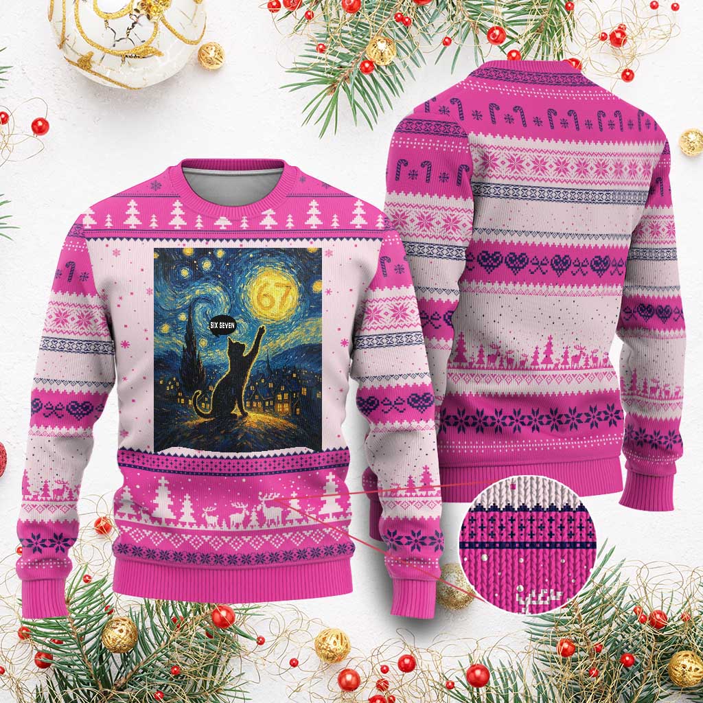 67 Cat Meme Ugly Christmas Sweater Funny Six Seven Cat Starry Night Van Gogh - Wonder Print Shop