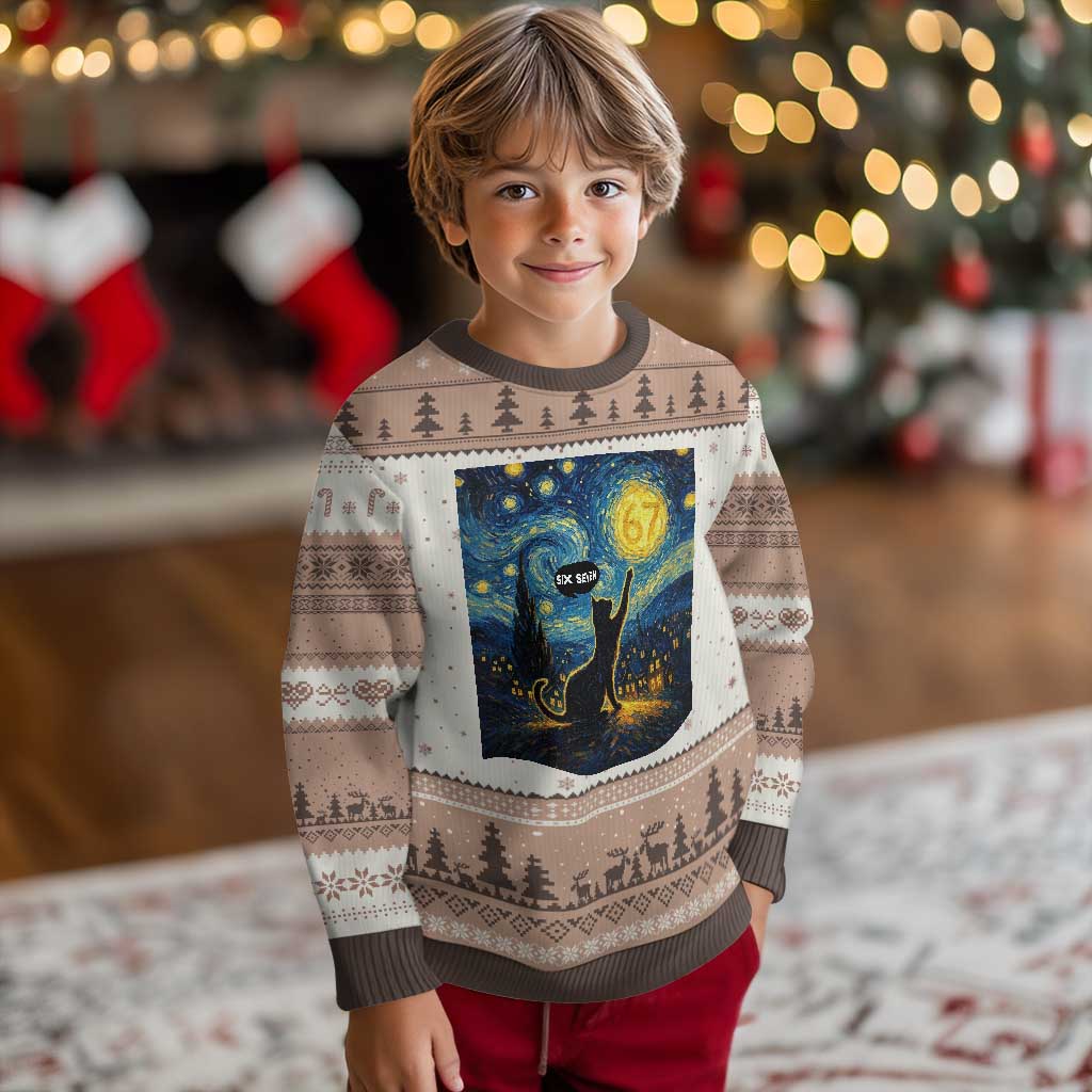 67 Cat Meme Ugly Christmas Sweater Funny Six Seven Cat Starry Night Van Gogh - Wonder Print Shop