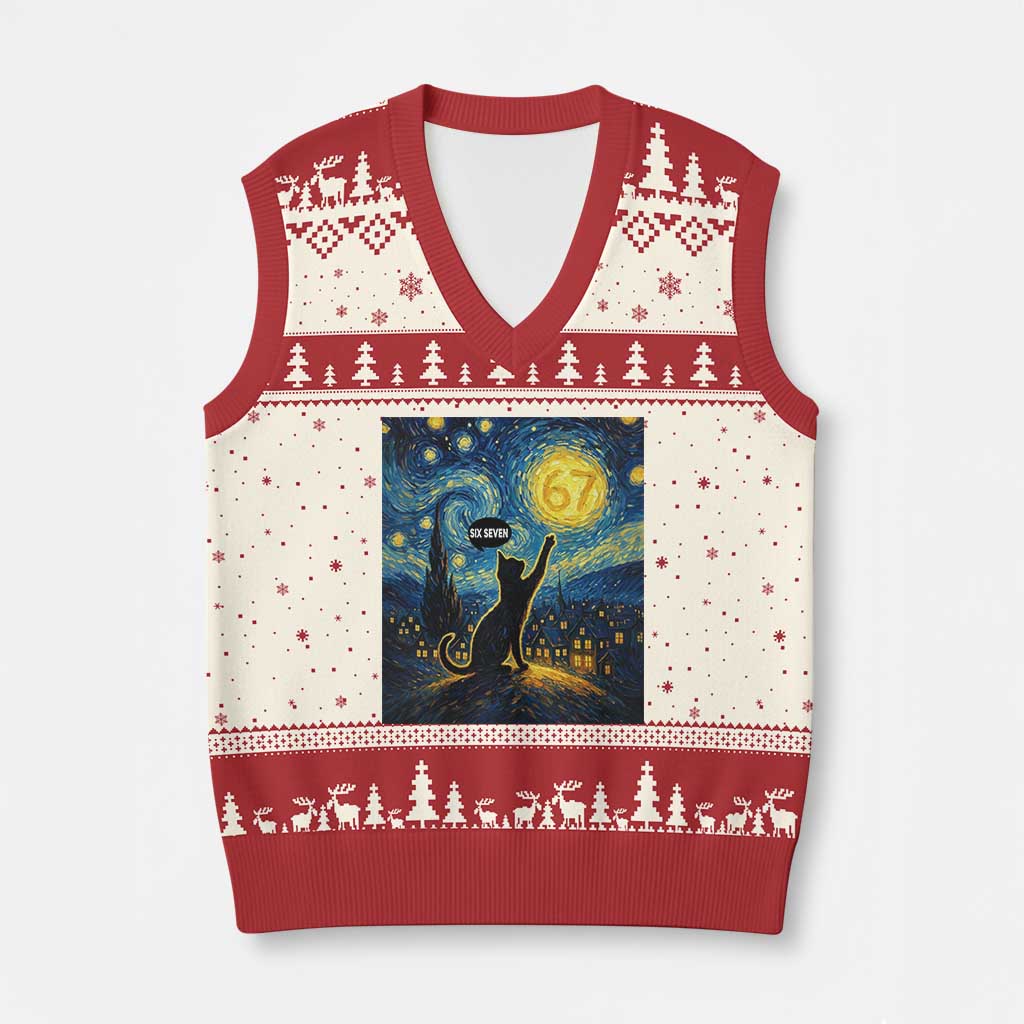 67 Cat Meme V-Neck Knit Sweater Vest Funny Six Seven Cat Starry Night Van Gogh - Wonder Print Shop