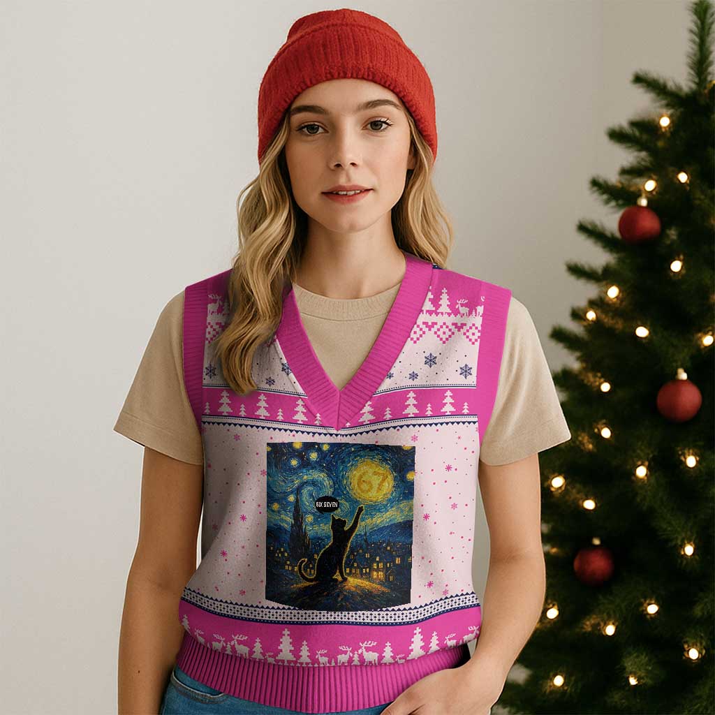 67 Cat Meme V-Neck Knit Sweater Vest Funny Six Seven Cat Starry Night Van Gogh - Wonder Print Shop