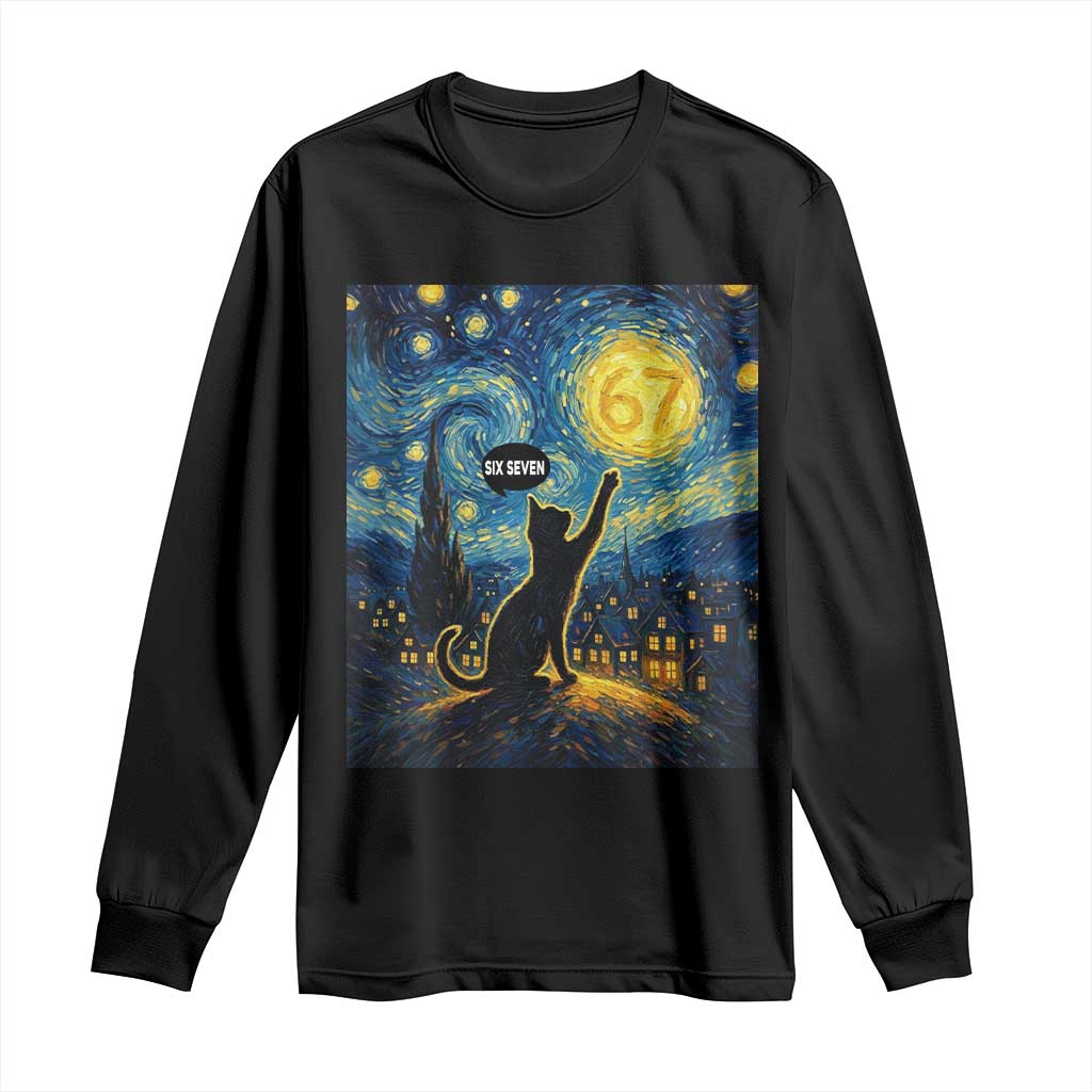 67 Cat Meme Long Sleeve Shirt Funny Six Seven Cat Starry Night Van Gogh - Wonder Print Shop
