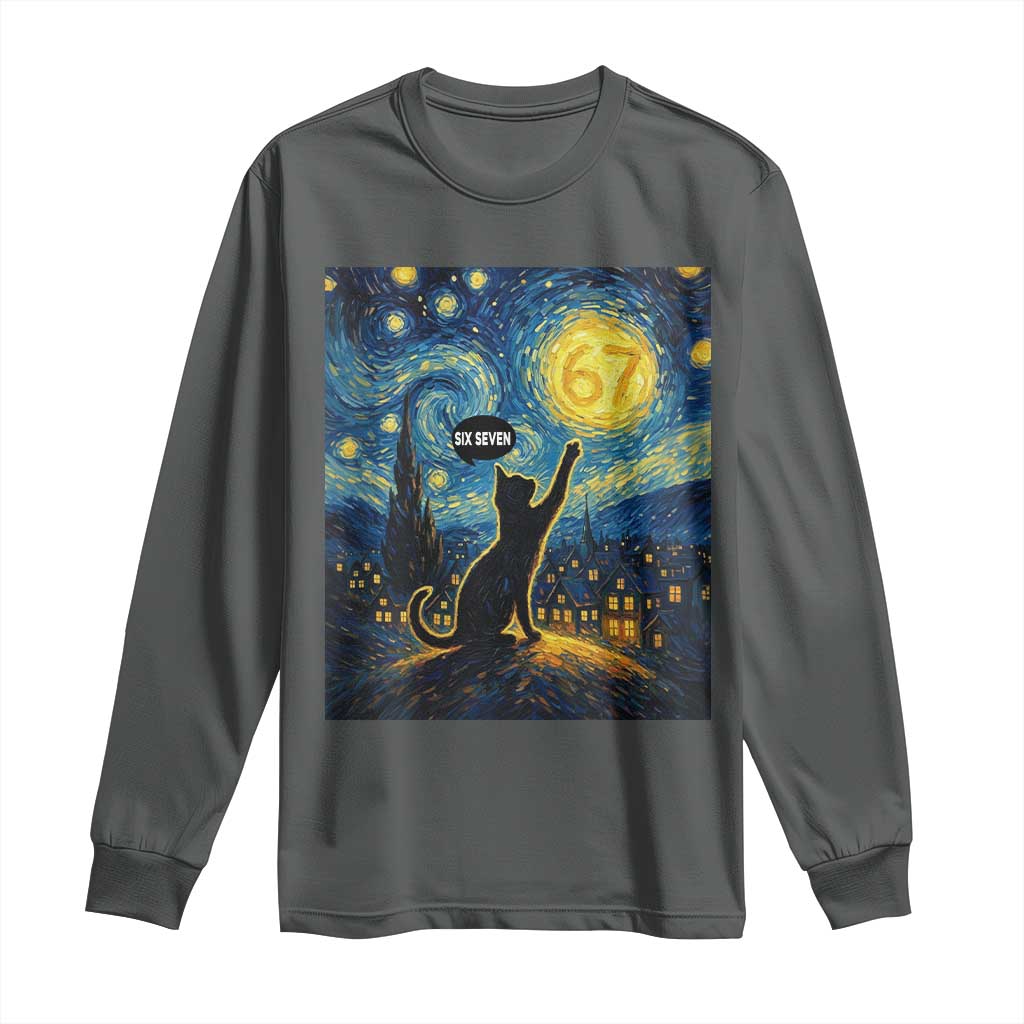 67 Cat Meme Long Sleeve Shirt Funny Six Seven Cat Starry Night Van Gogh - Wonder Print Shop