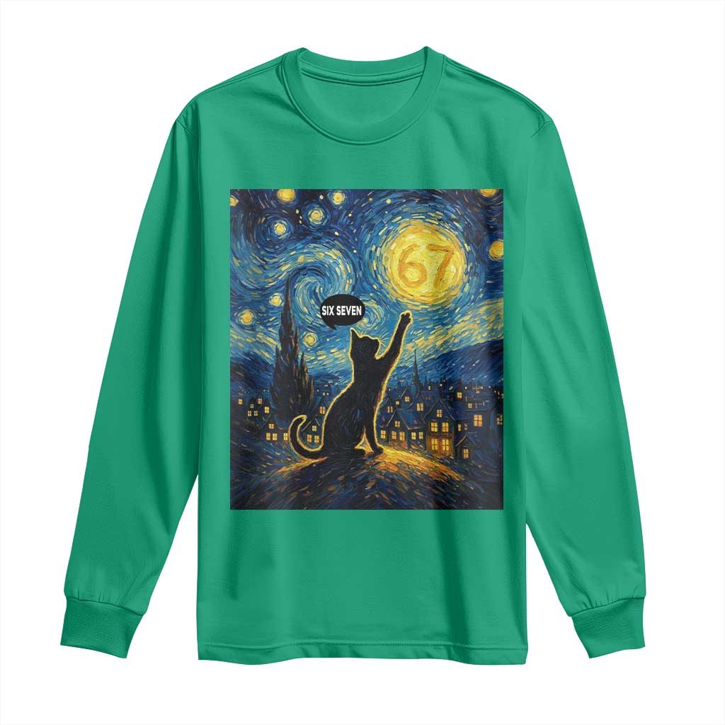 67 Cat Meme Long Sleeve Shirt Funny Six Seven Cat Starry Night Van Gogh - Wonder Print Shop