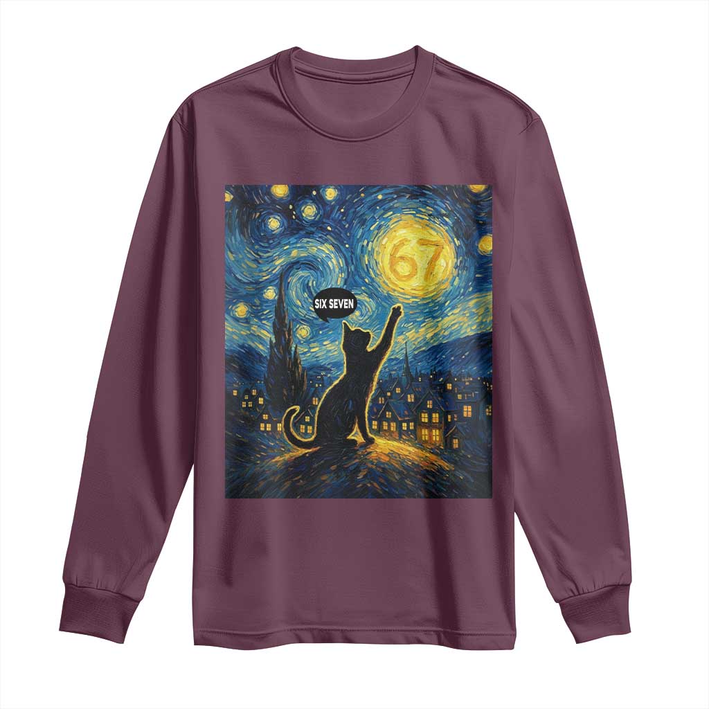 67 Cat Meme Long Sleeve Shirt Funny Six Seven Cat Starry Night Van Gogh - Wonder Print Shop