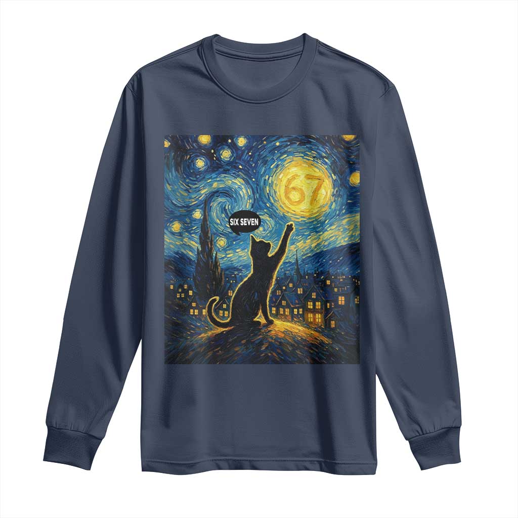 67 Cat Meme Long Sleeve Shirt Funny Six Seven Cat Starry Night Van Gogh - Wonder Print Shop
