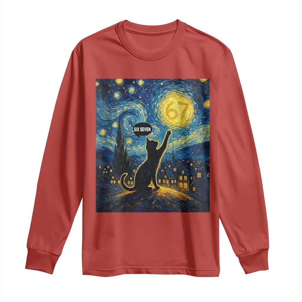 67 Cat Meme Long Sleeve Shirt Funny Six Seven Cat Starry Night Van Gogh - Wonder Print Shop