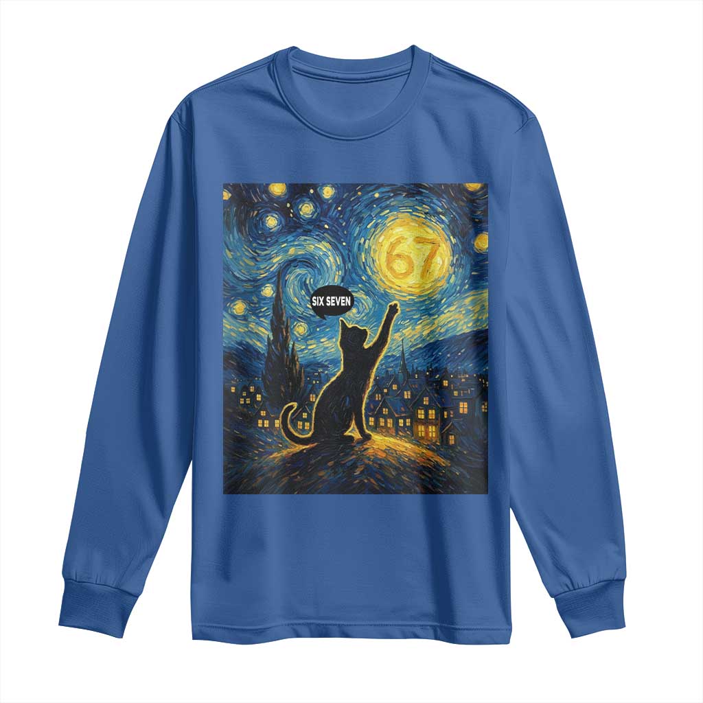 67 Cat Meme Long Sleeve Shirt Funny Six Seven Cat Starry Night Van Gogh - Wonder Print Shop