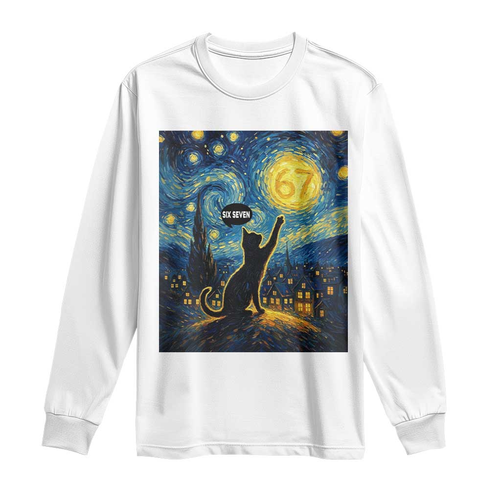 67 Cat Meme Long Sleeve Shirt Funny Six Seven Cat Starry Night Van Gogh - Wonder Print Shop