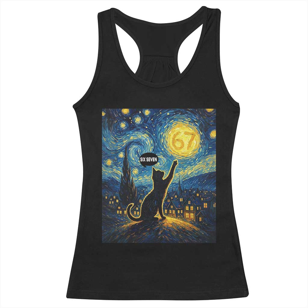 67 Cat Meme Racerback Tank Top Funny Six Seven Cat Starry Night Van Gogh - Wonder Print Shop