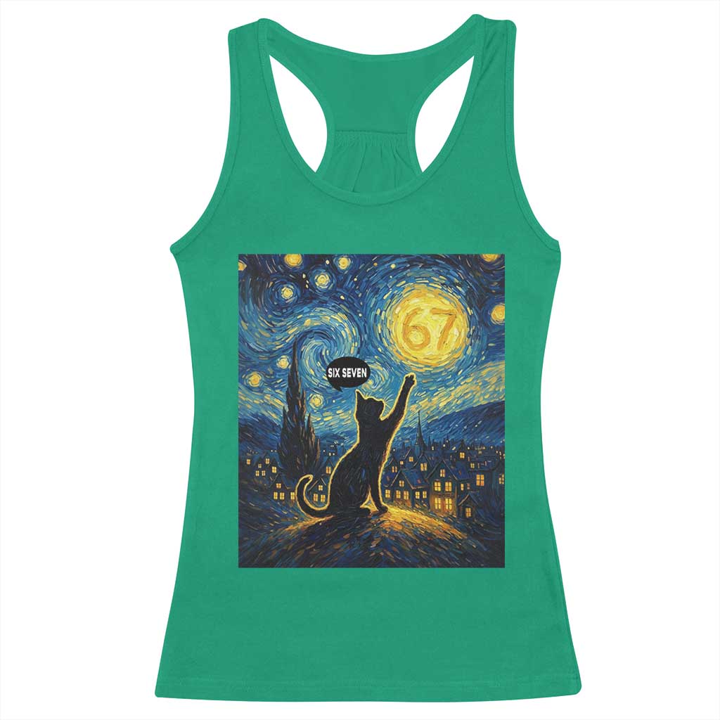 67 Cat Meme Racerback Tank Top Funny Six Seven Cat Starry Night Van Gogh - Wonder Print Shop