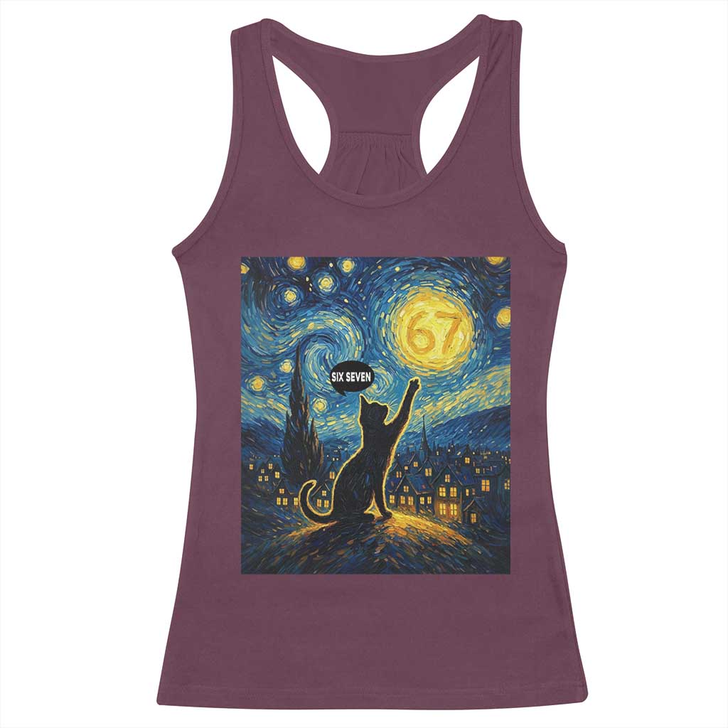 67 Cat Meme Racerback Tank Top Funny Six Seven Cat Starry Night Van Gogh - Wonder Print Shop