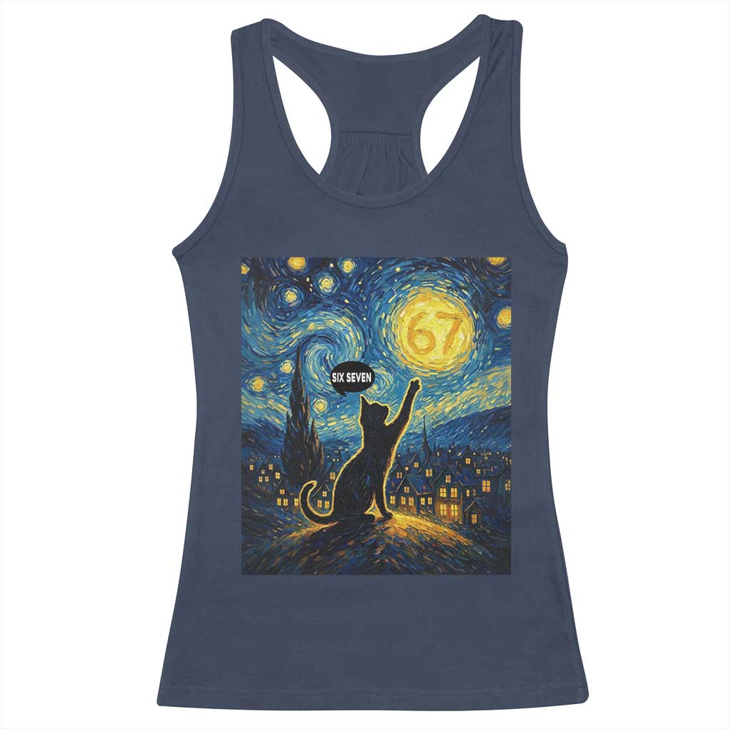 67 Cat Meme Racerback Tank Top Funny Six Seven Cat Starry Night Van Gogh - Wonder Print Shop