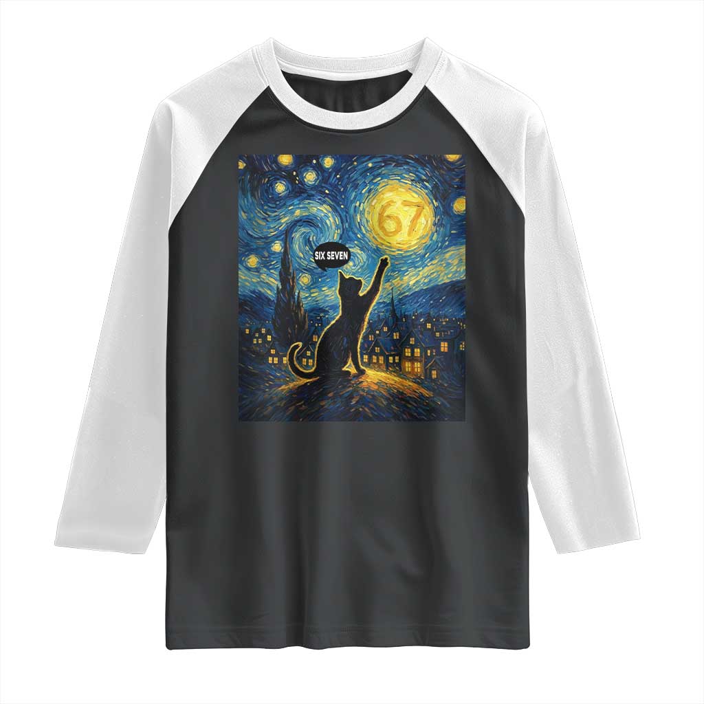 67 Cat Meme Raglan Shirt Funny Six Seven Cat Starry Night Van Gogh - Wonder Print Shop