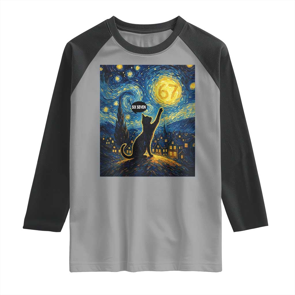 67 Cat Meme Raglan Shirt Funny Six Seven Cat Starry Night Van Gogh - Wonder Print Shop