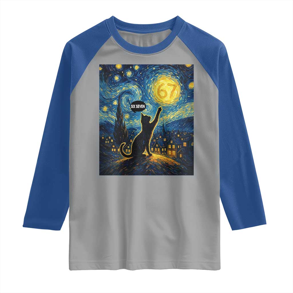 67 Cat Meme Raglan Shirt Funny Six Seven Cat Starry Night Van Gogh - Wonder Print Shop