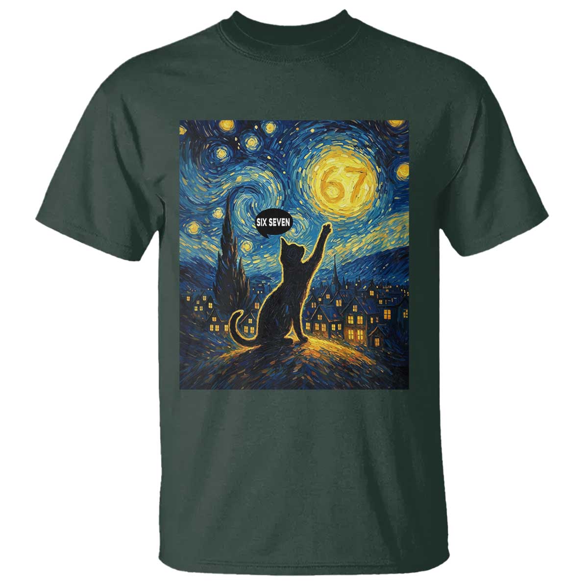 67 Cat Meme T Shirt Funny Six Seven Cat Starry Night Van Gogh - Wonder Print Shop