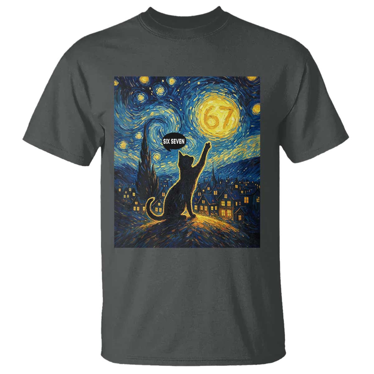 67 Cat Meme T Shirt Funny Six Seven Cat Starry Night Van Gogh - Wonder Print Shop