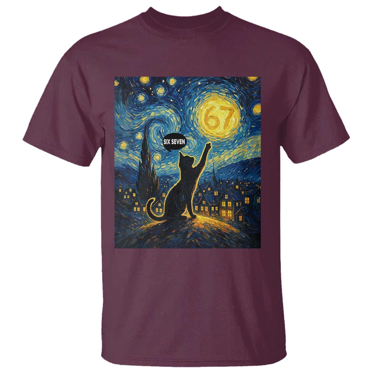 67 Cat Meme T Shirt Funny Six Seven Cat Starry Night Van Gogh - Wonder Print Shop