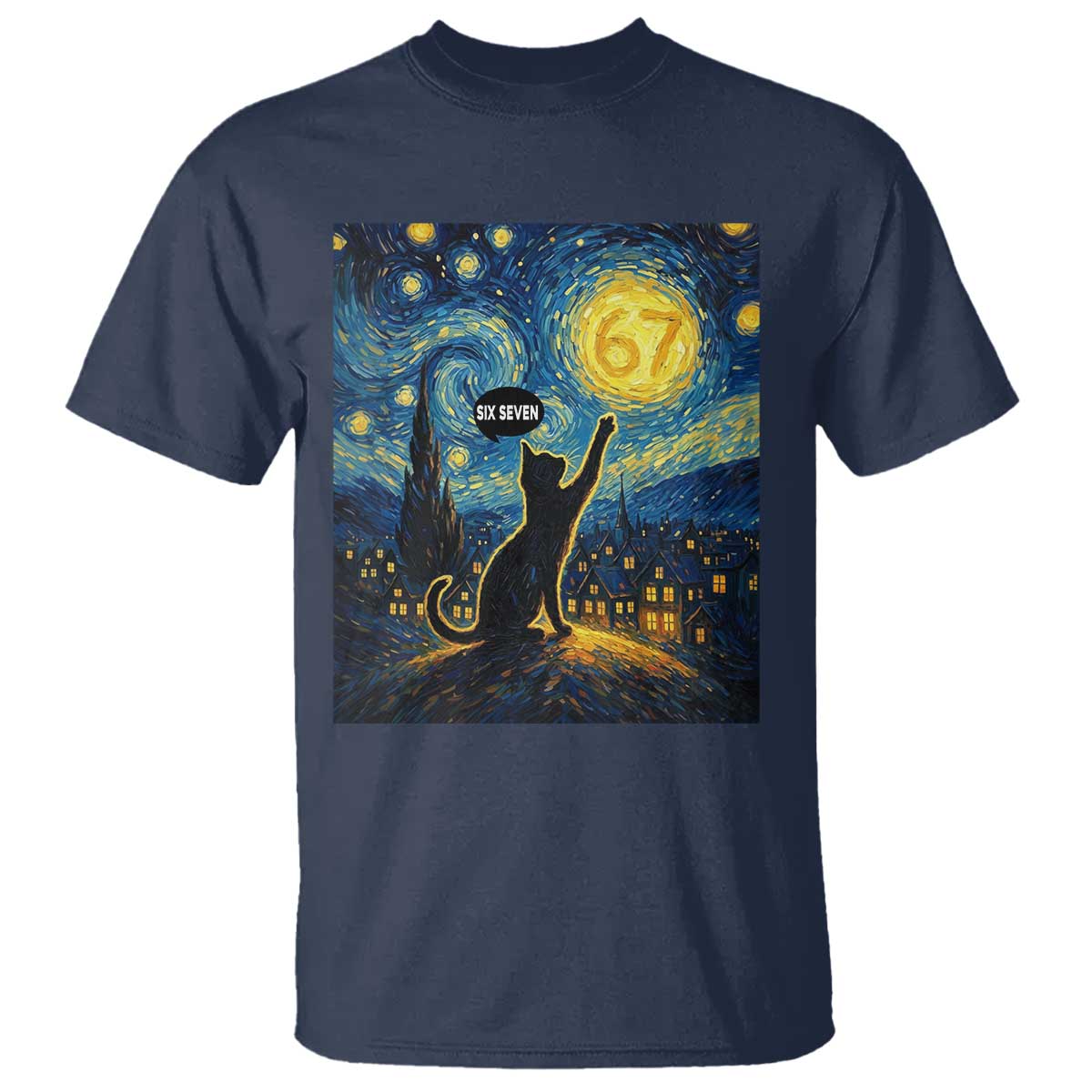 67 Cat Meme T Shirt Funny Six Seven Cat Starry Night Van Gogh - Wonder Print Shop