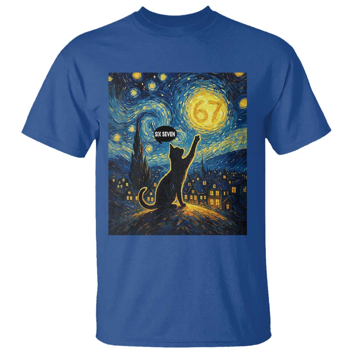 67 Cat Meme T Shirt Funny Six Seven Cat Starry Night Van Gogh - Wonder Print Shop
