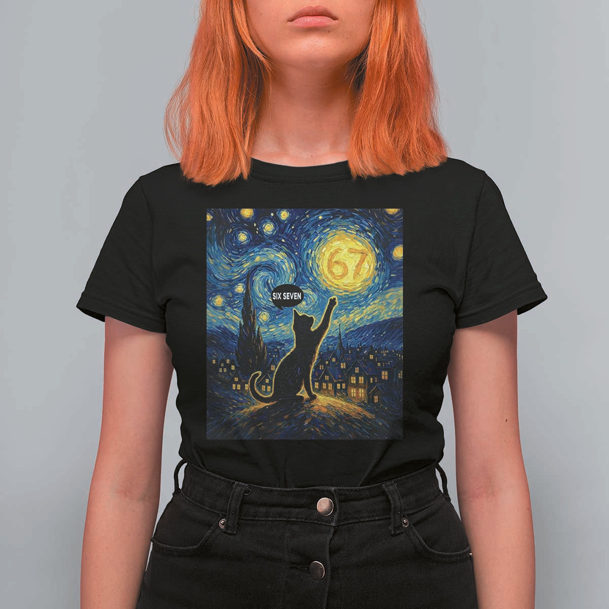 67 Cat Meme T Shirt For Women Funny Six Seven Cat Starry Night Van Gogh - Wonder Print Shop