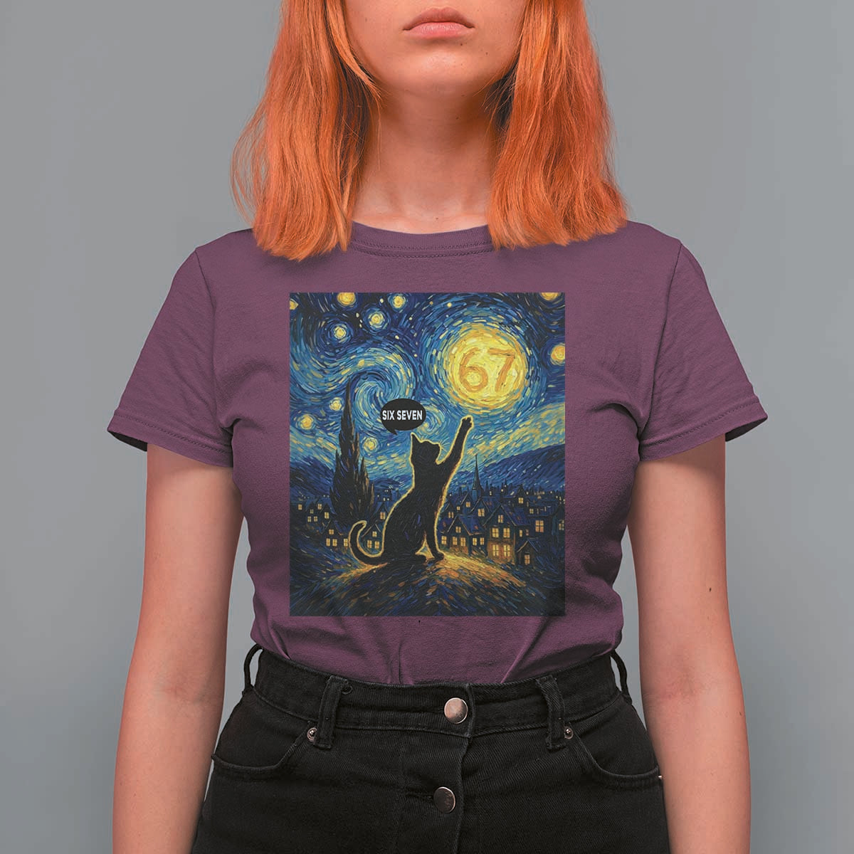 67 Cat Meme T Shirt For Women Funny Six Seven Cat Starry Night Van Gogh - Wonder Print Shop