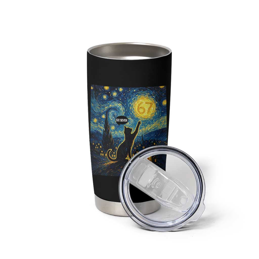 67 Cat Meme Tumbler Cup Funny Six Seven Cat Starry Night Van Gogh - Wonder Print Shop