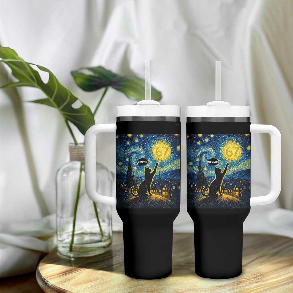 67 Cat Meme Tumbler With Handle Funny Six Seven Cat Starry Night Van Gogh - Wonder Print Shop