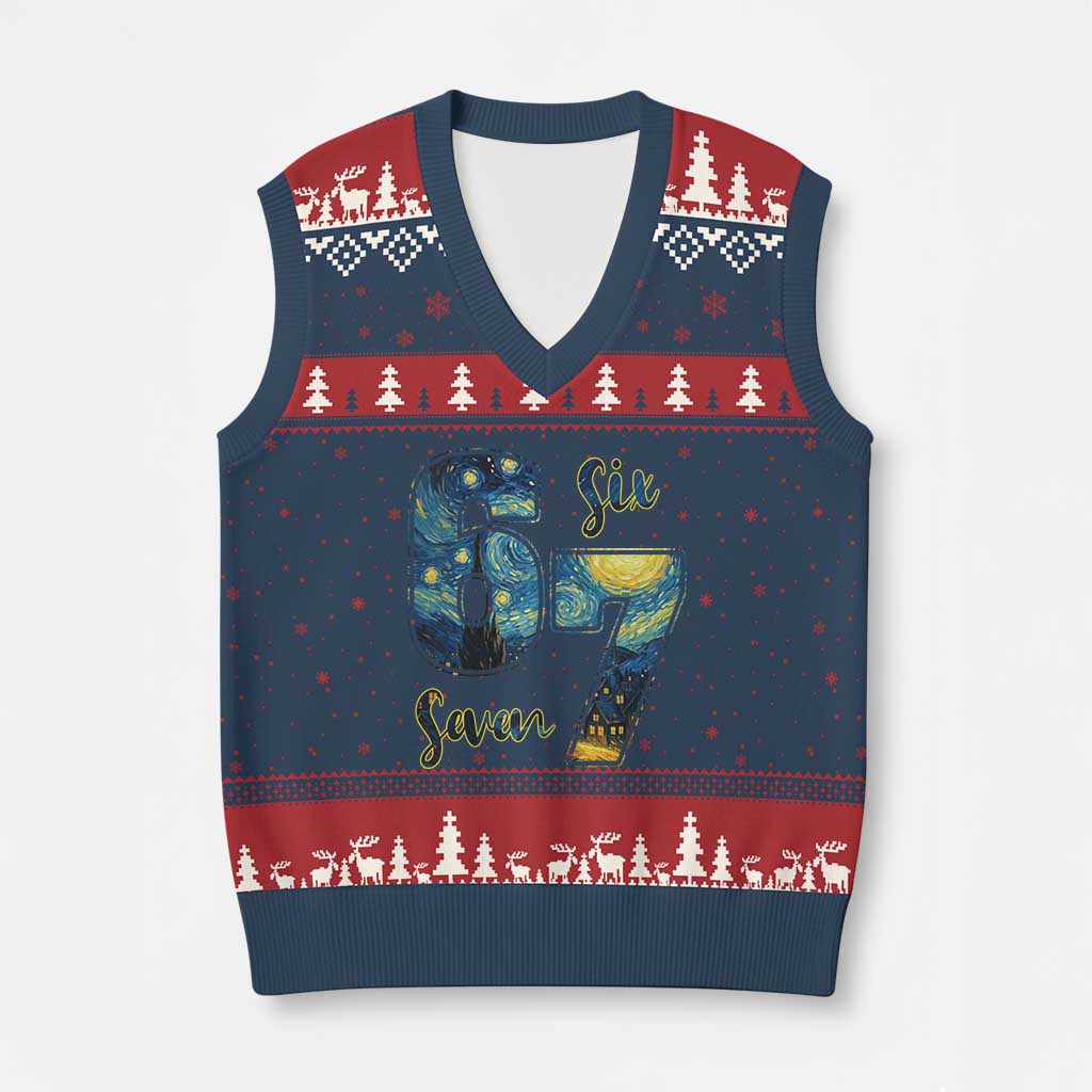 67 Six Seven Meme V-Neck Knit Sweater Vest Starry Night Van Gogh - Wonder Print Shop