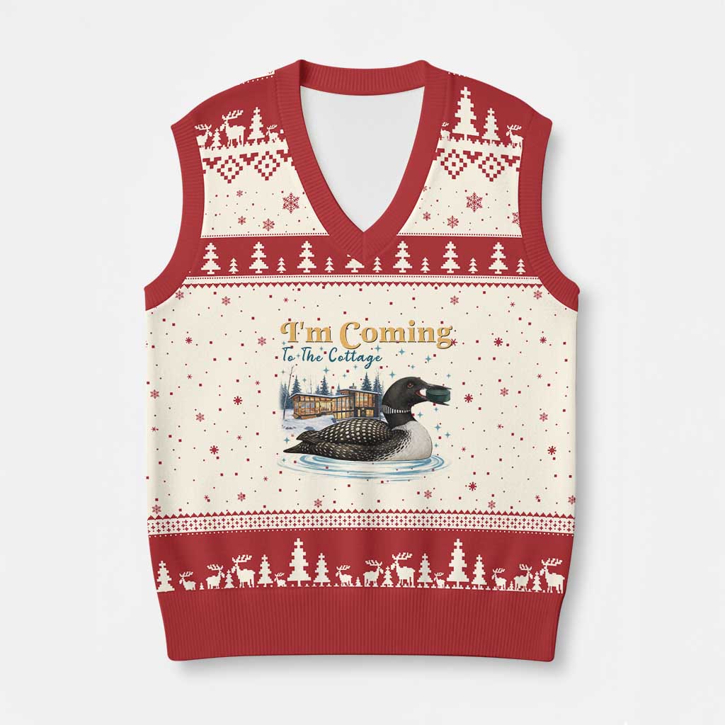 I Am Coming To The Cottage V-Neck Knit Sweater Vest Stupid Canadian Wolf Bird