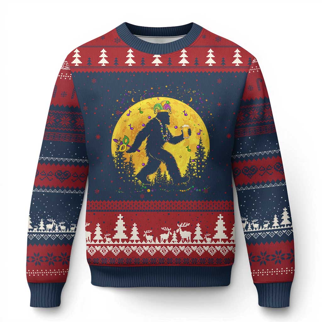 Mardi Gras Bigfoot Ugly Christmas Sweater Funny Sasquatch Carnival Trendy Meme