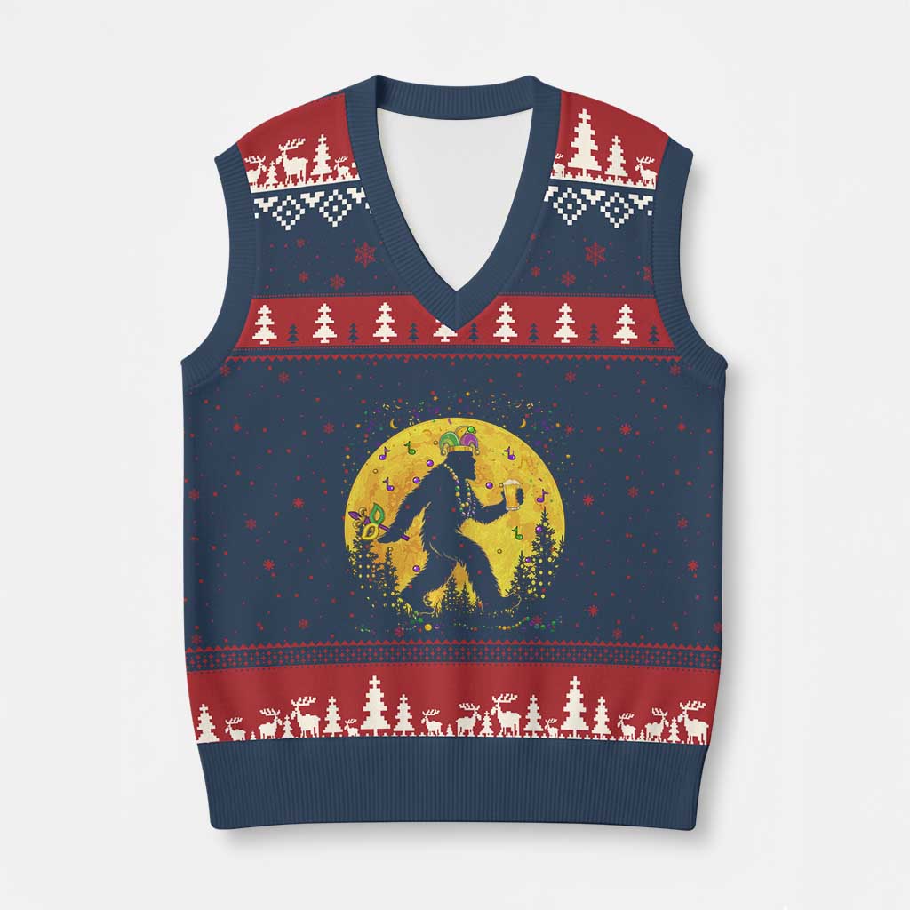 Mardi Gras Bigfoot V-Neck Knit Sweater Vest Funny Sasquatch Carnival Trendy Meme