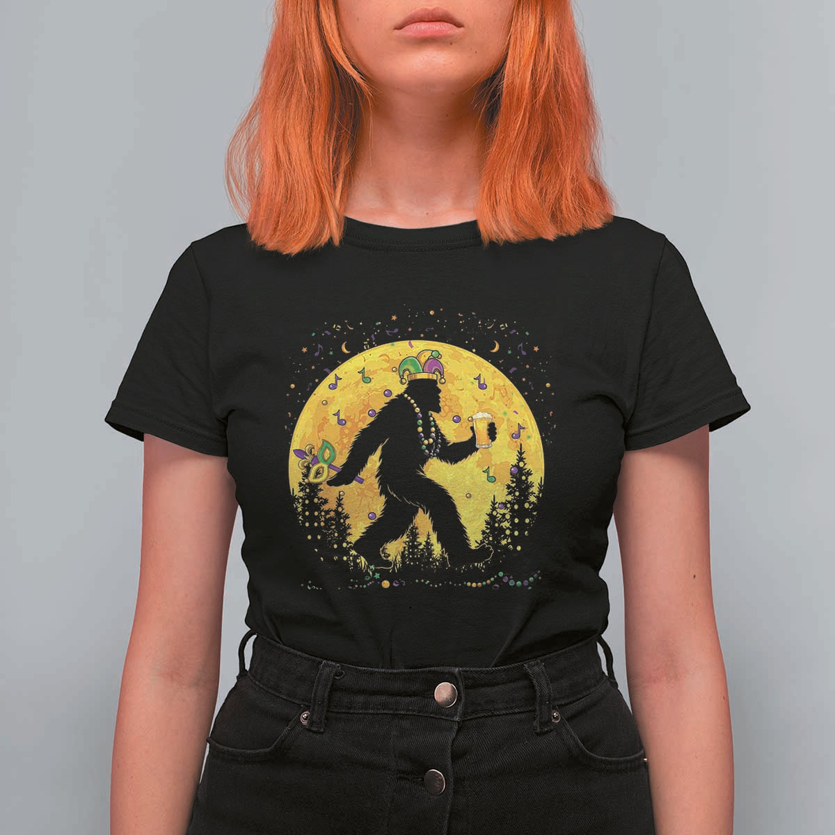 Mardi Gras Bigfoot T Shirt For Women Funny Sasquatch Carnival Trendy Meme