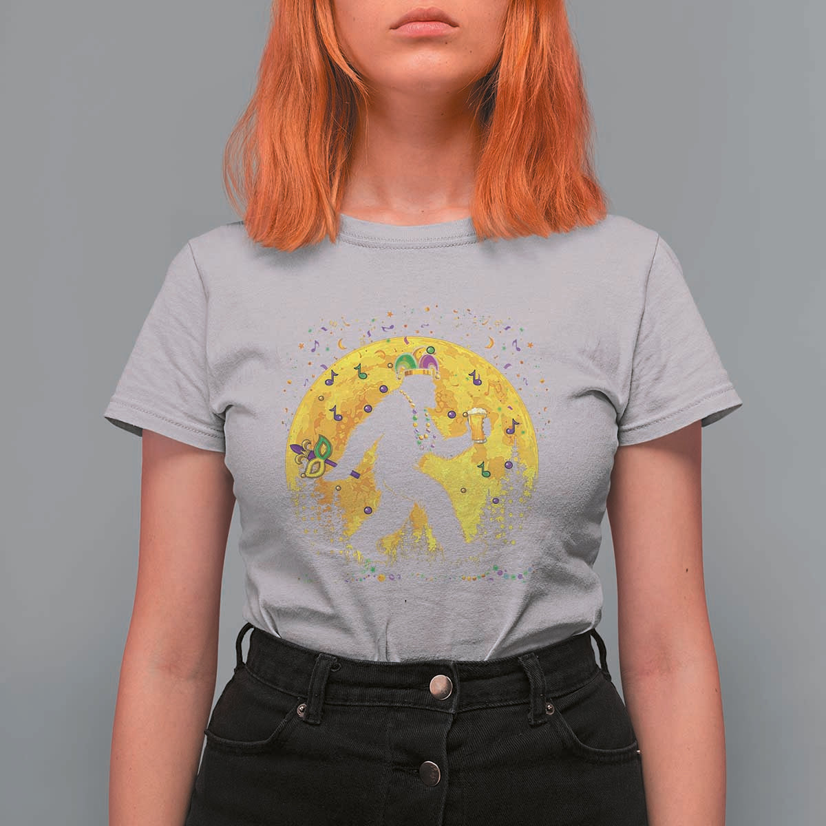 Mardi Gras Bigfoot T Shirt For Women Funny Sasquatch Carnival Trendy Meme