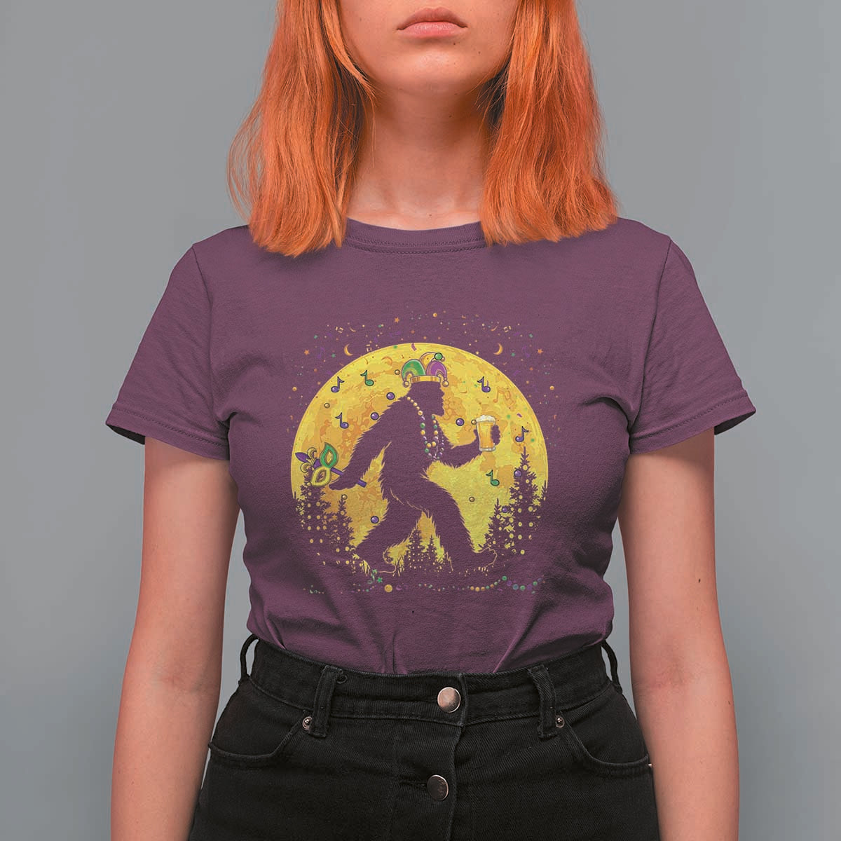 Mardi Gras Bigfoot T Shirt For Women Funny Sasquatch Carnival Trendy Meme