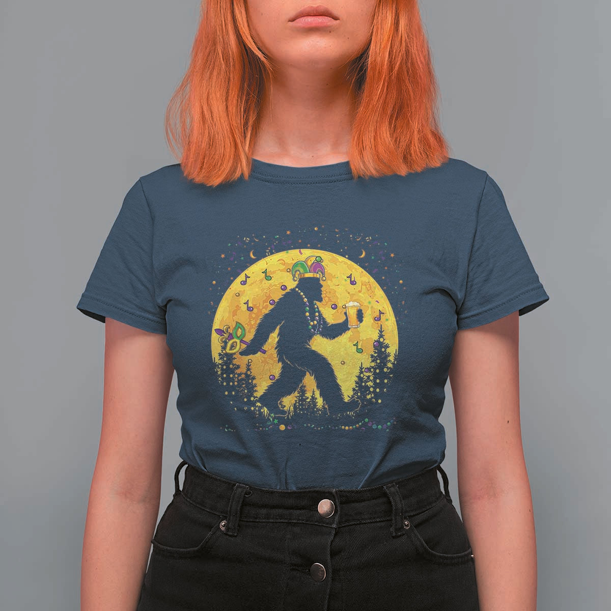 Mardi Gras Bigfoot T Shirt For Women Funny Sasquatch Carnival Trendy Meme