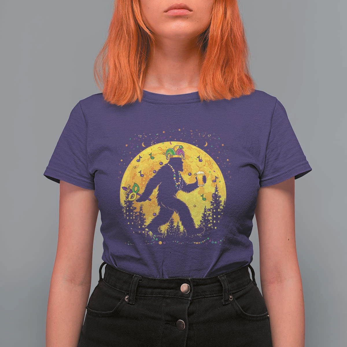 Mardi Gras Bigfoot T Shirt For Women Funny Sasquatch Carnival Trendy Meme
