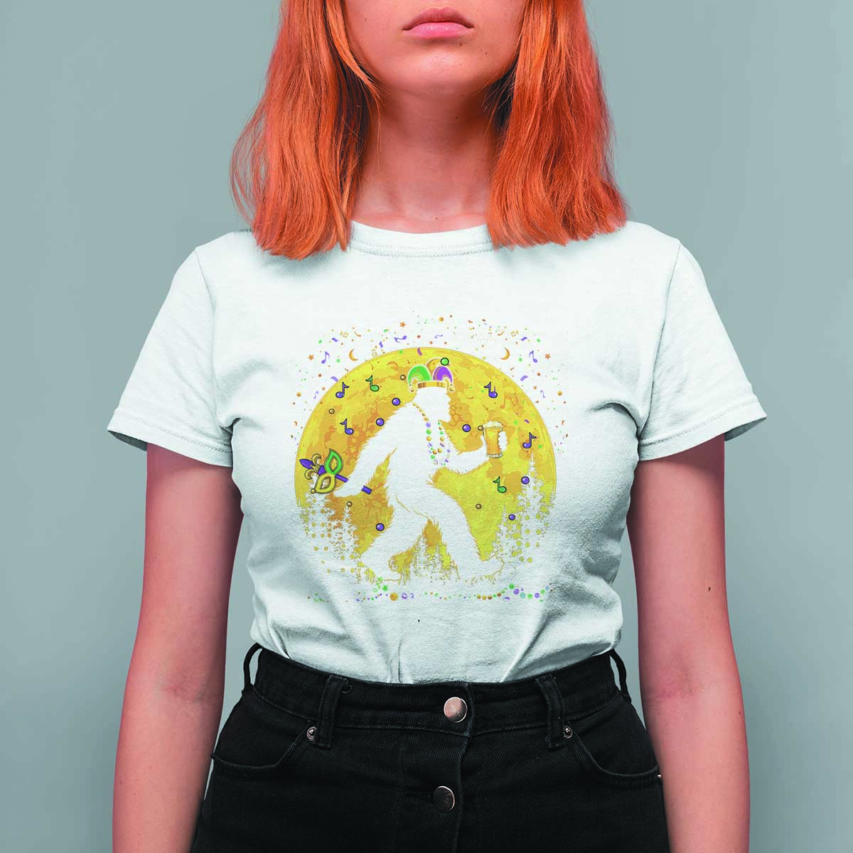Mardi Gras Bigfoot T Shirt For Women Funny Sasquatch Carnival Trendy Meme