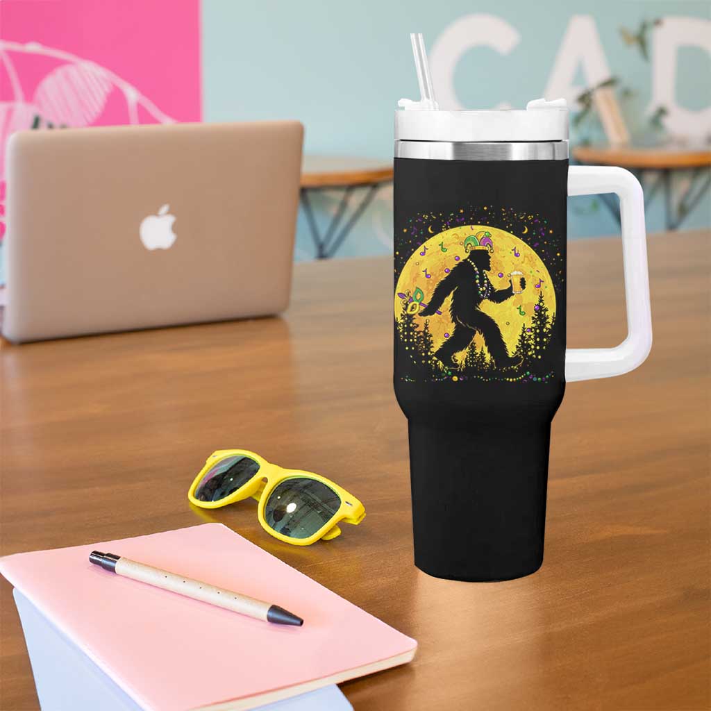 Mardi Gras Bigfoot Tumbler With Handle Funny Sasquatch Carnival Trendy Meme