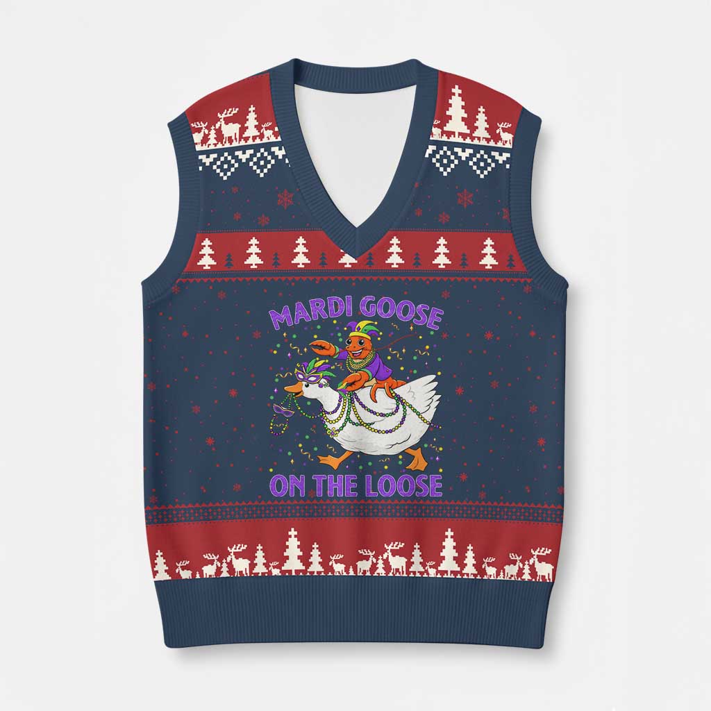 Funny Mardi Gras V-Neck Knit Sweater Vest Goose Crawfish Carnival Trendy Meme