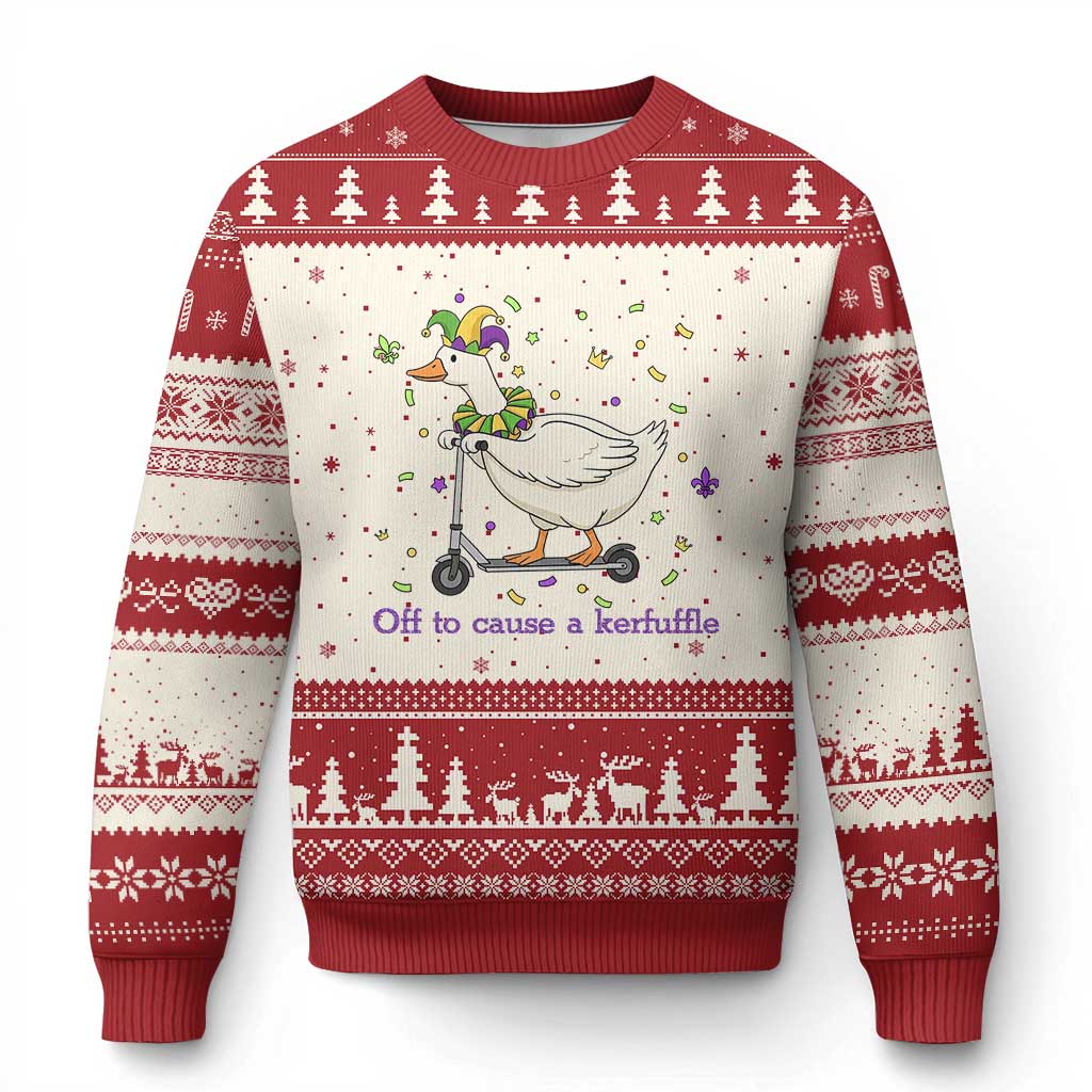 Mardi Gras Silly Goose Ugly Christmas Sweater Off To Cause A Kerfuffle