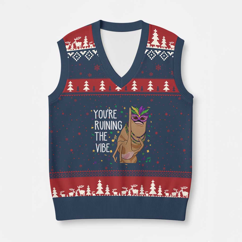 Funny Mardi Gras V-Neck Knit Sweater Vest Marcus The Worm Carnival Trendy Meme