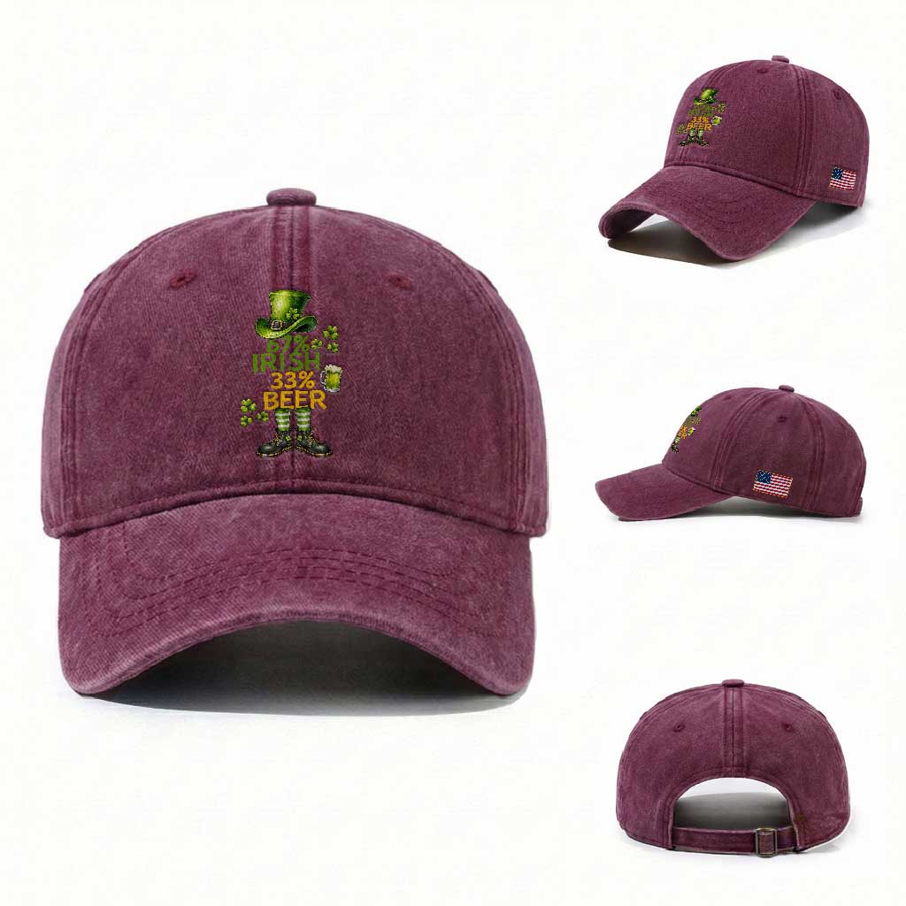 67 Irish 33 Beer Washed Cotton Baseball Cap Funny Six Seven Leprechaun Drinking Beer Lover