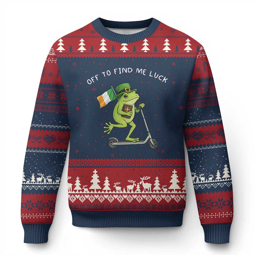 Funny Frog Christian St Patricks Day Ugly Christmas Sweater Off To Find Me Lucky