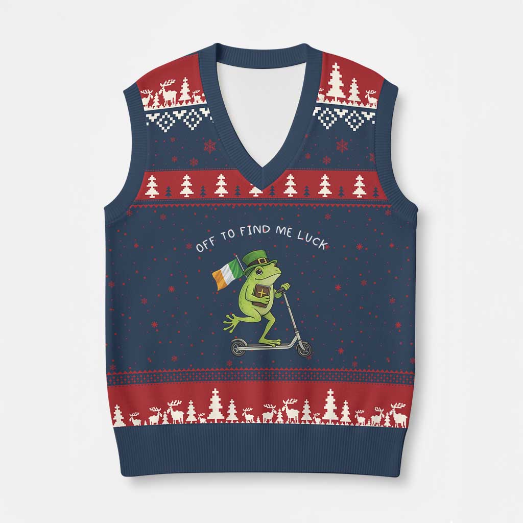 Funny Frog Christian St Patricks Day V-Neck Knit Sweater Vest Off To Find Me Lucky