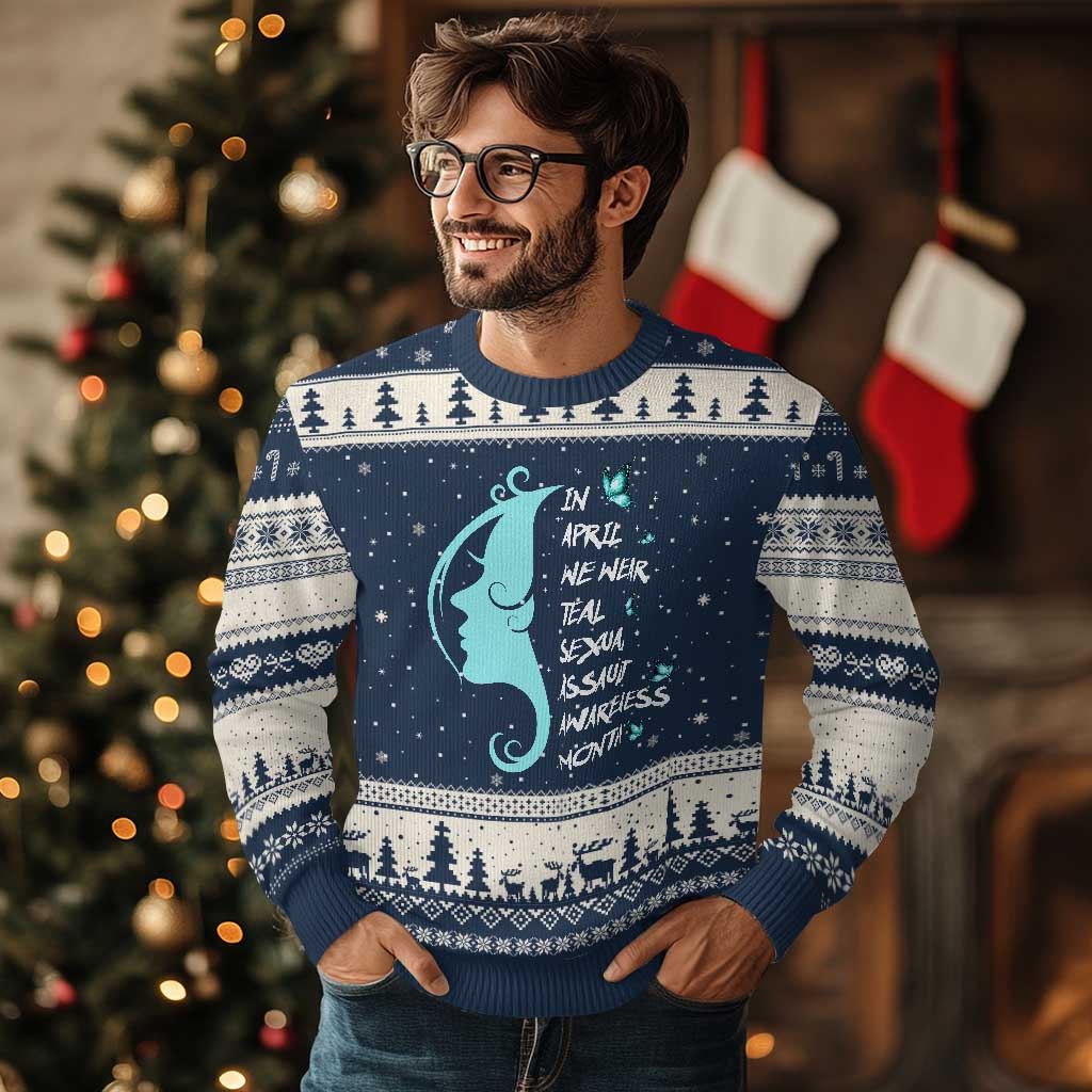 Sexual Assault Awareness Month Ugly Christmas Sweater In April We Wear Teal Ribbon