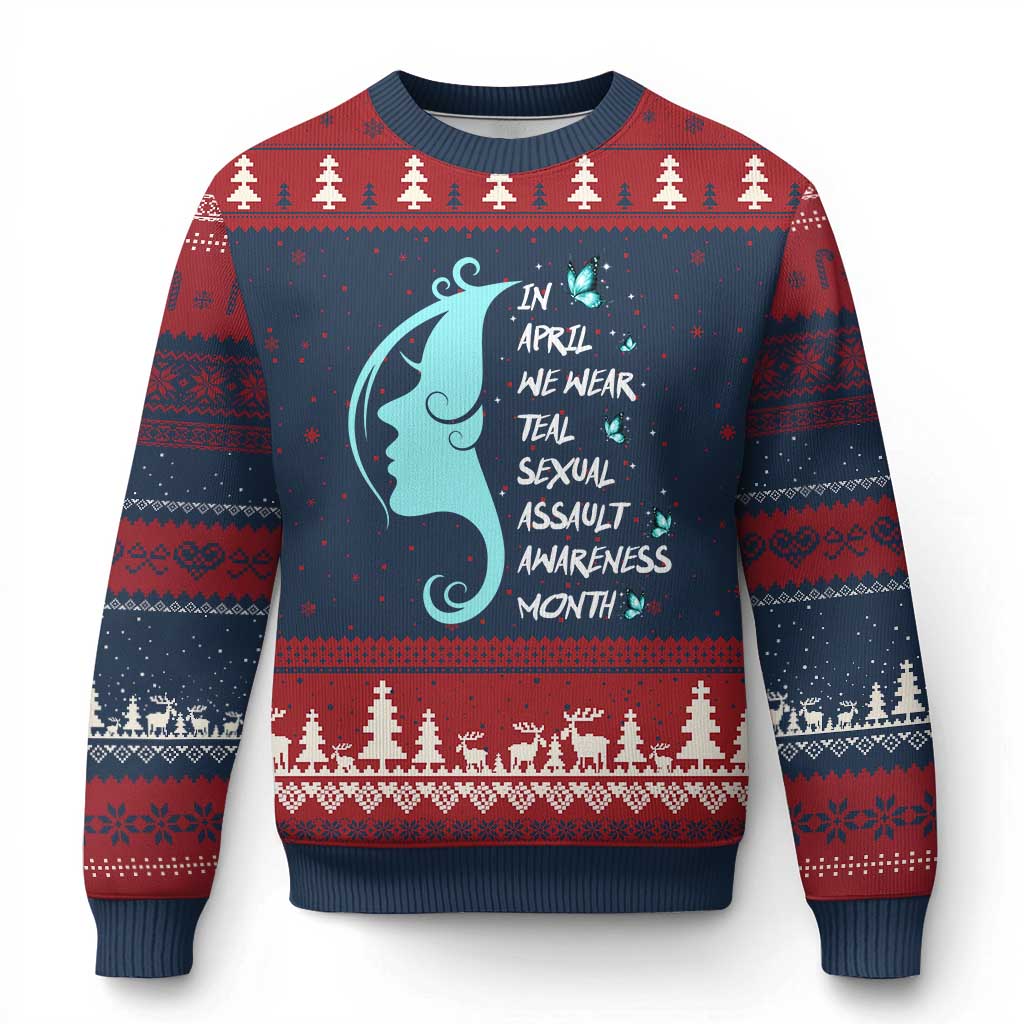 Sexual Assault Awareness Month Ugly Christmas Sweater In April We Wear Teal Ribbon
