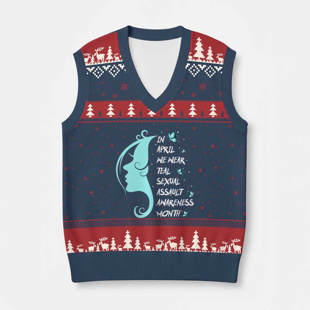 Sexual Assault Awareness Month V-Neck Knit Sweater Vest In April We Wear Teal Ribbon